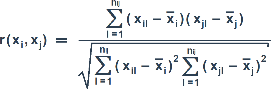 Формула вычисления коэффициента корреляции, при котором используют согласованные пары измерений